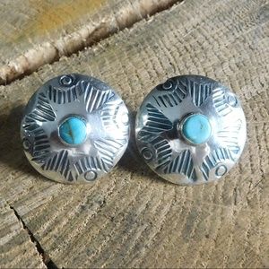 Turquoise Concho Earrings Fine Silver Sterling